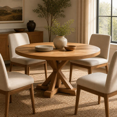 47" Round Farmhouse Dining Table for 4, Star-Shaped Iron Base, Water Resistant Wooden Texture Tabletop, Space Saving Metal Frame Kitchen Table