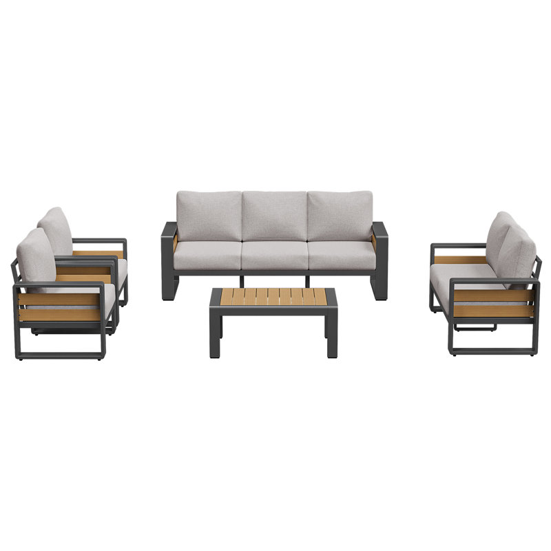 5-pcs Outdoor Aluminum Patio Furniture Sofa Set – Modern Sectional With Removable Cushion For 7-person Seating, Light Gray