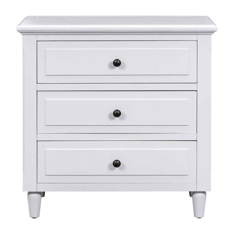 Table de chevet avec 3 tiroirs et glissières coulissantes, Blanc