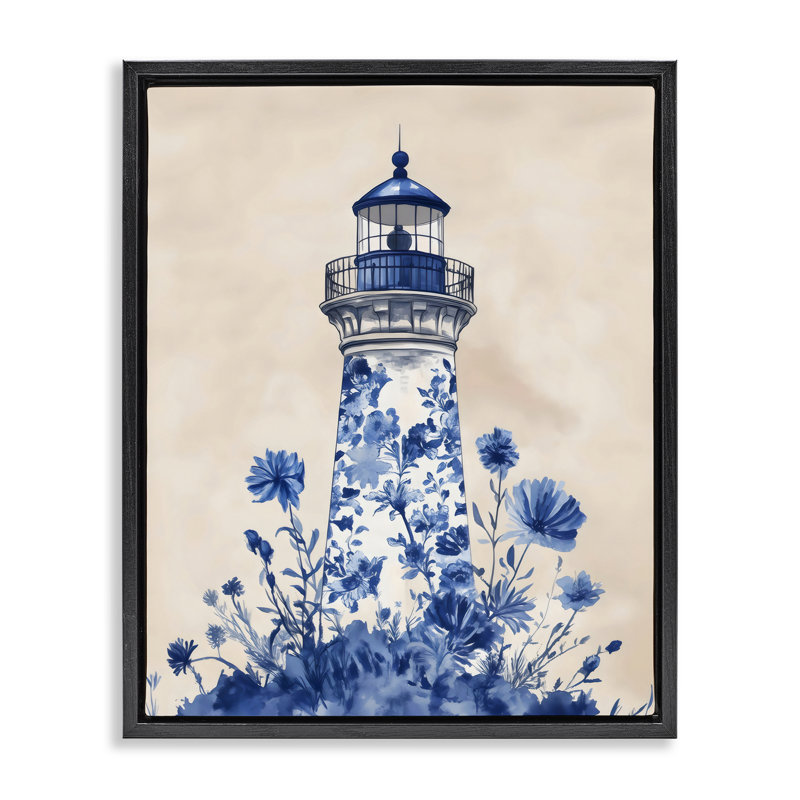 Cadre flottant bleu avec phare floral, design par Arlington Prints, Cadre flottant noir de jais, H 21 po x l 17 po