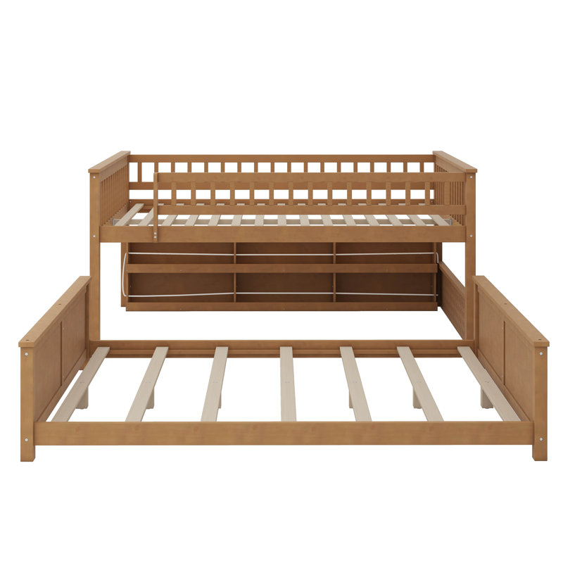 Bunk Bed Equipped With Built-In Shelving, Adjustable Lights And Perforated Board, Full XL Over Queen, Brown