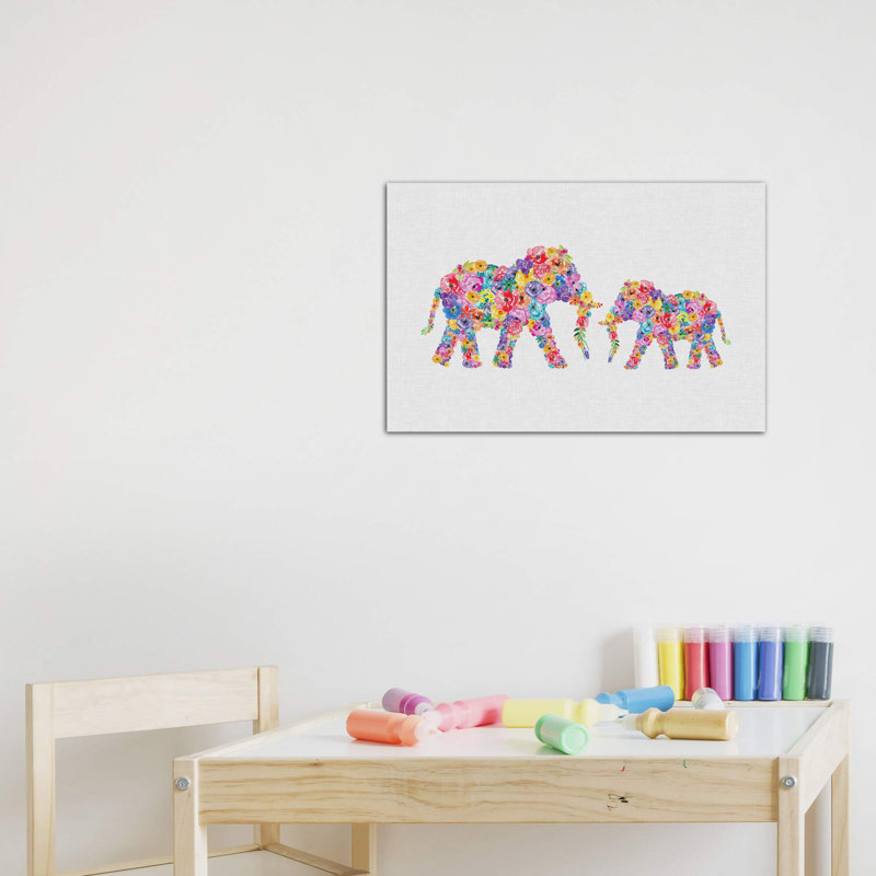 Floral Elephants - impression d'art graphique, H 18 po x l 26 po x P 1,5 po, Toile tendue