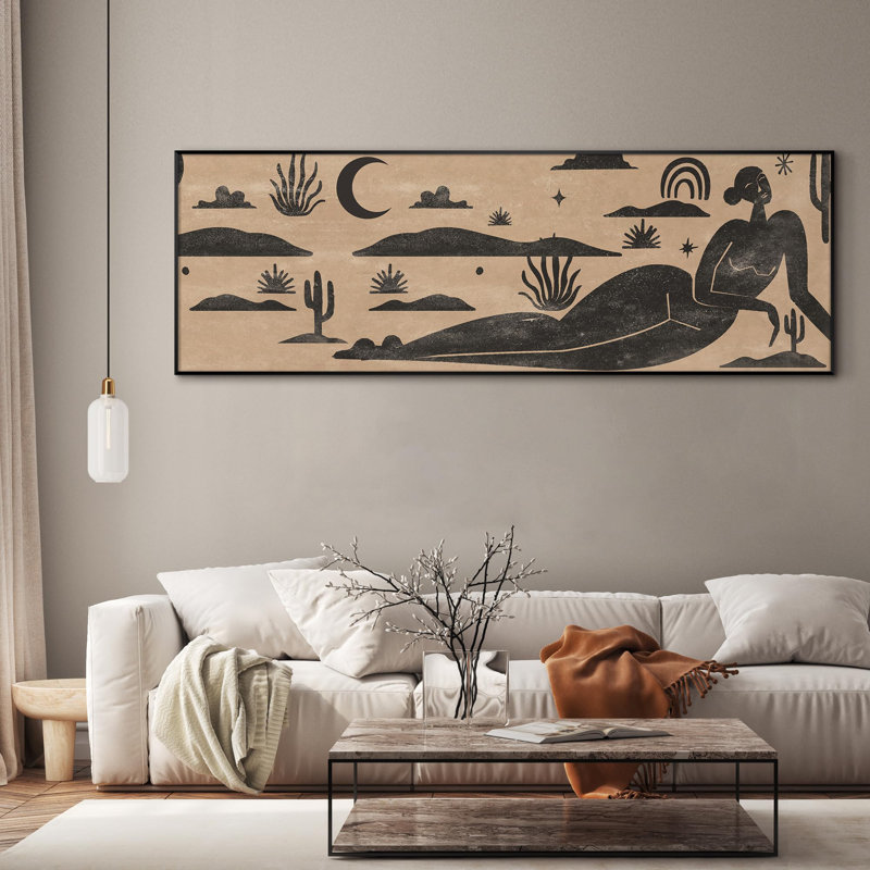 Très grande reproduction d'art sur toile - Paysage de désert noir et beige avec cactus et lune, décoration pour le salon ou la chambre à coucher - «Assemblage requis du cadre (cadre non fini)»