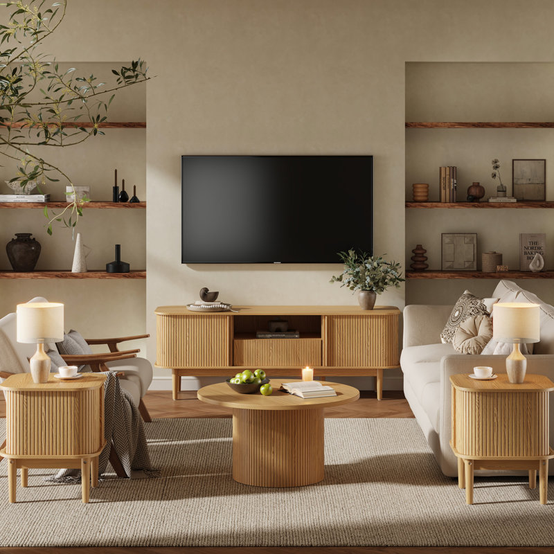 4-piece Living Room Table Set, 1 Tv Stand, 1 Coffee Table And 2 End Tables, Natural