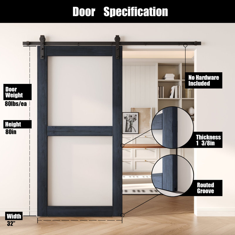 Porte de grange non assemblée et fini en verre à 2 verres de 32 po x 80 po Homacer de 32 po x 80 po Homacer, 32 po x 80 po