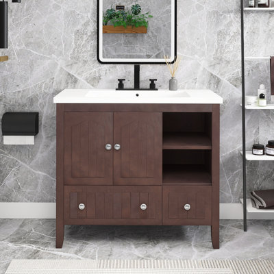 Meuble-lavabo autoportant 36 po blanc avec lavabo en céramique 36 po
