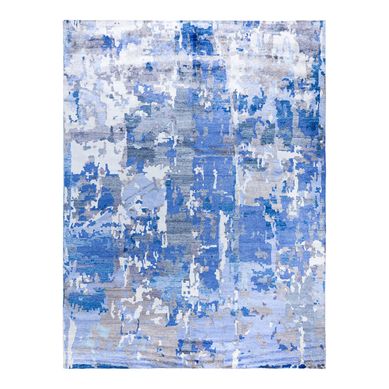 Tapis moderne noué à la main de conception unique - bleu, 9 pi 1 po x 11 pi 10 po Modern