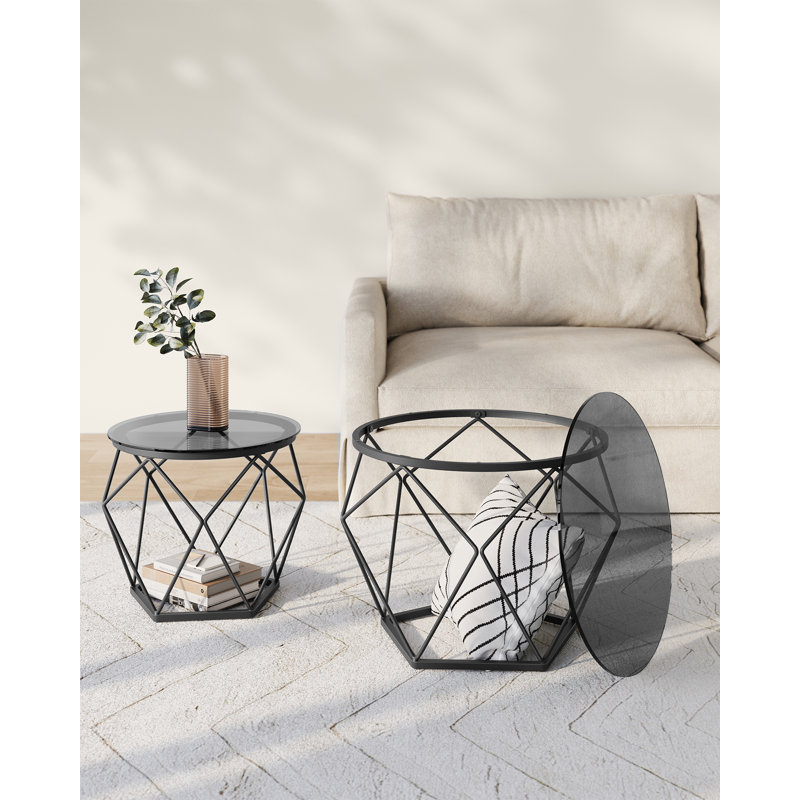 Alieya Round Coffee Tables, Set Of 2 Side Tables, Modern Style, Removable Tabletop, Steel Frame, For Living Room,Transparent-Cloud