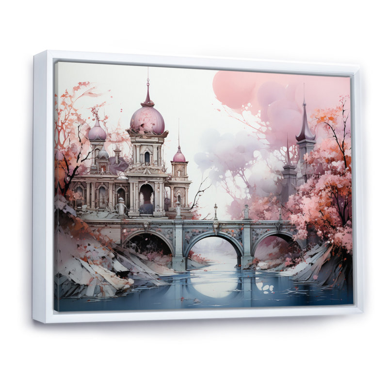 «Pink Bridge Enchanted Crossing I», reproduction sur toile, H 30 po x l 40 po x P 1,5 po, Cadre flottant blanc
