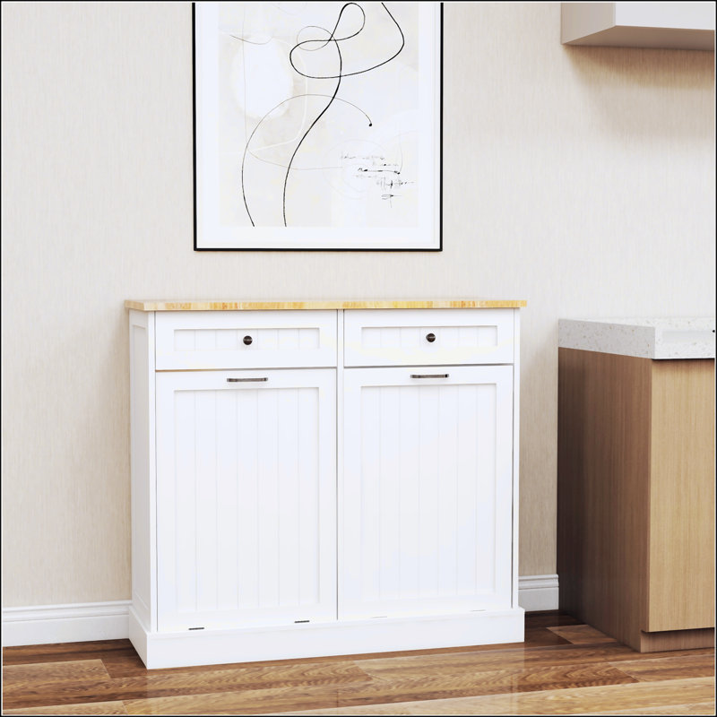 Armoire poubelle de cuisine à deux tiroirs et deux compartiments basculants - blanc