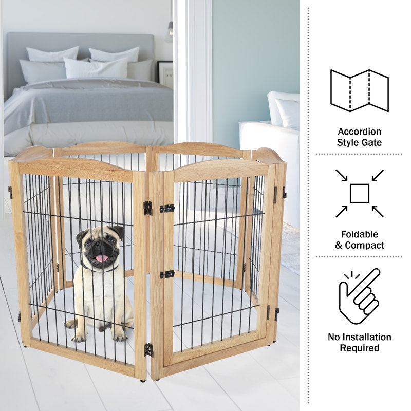 Natural Wood and Metal Freestanding Pet Gate, 132.5x31.5-Inch