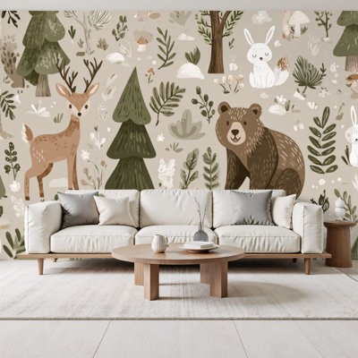 Papier peint adhésif campagne campagne avec motif de feuilles de lapin, d'ours, de fleurs, d'animaux, de bois, de hiboux, de 69 po x l 96 po, amovible, papier mural en PVC, adhésif pour le salon de la chambre, bureau à domicile