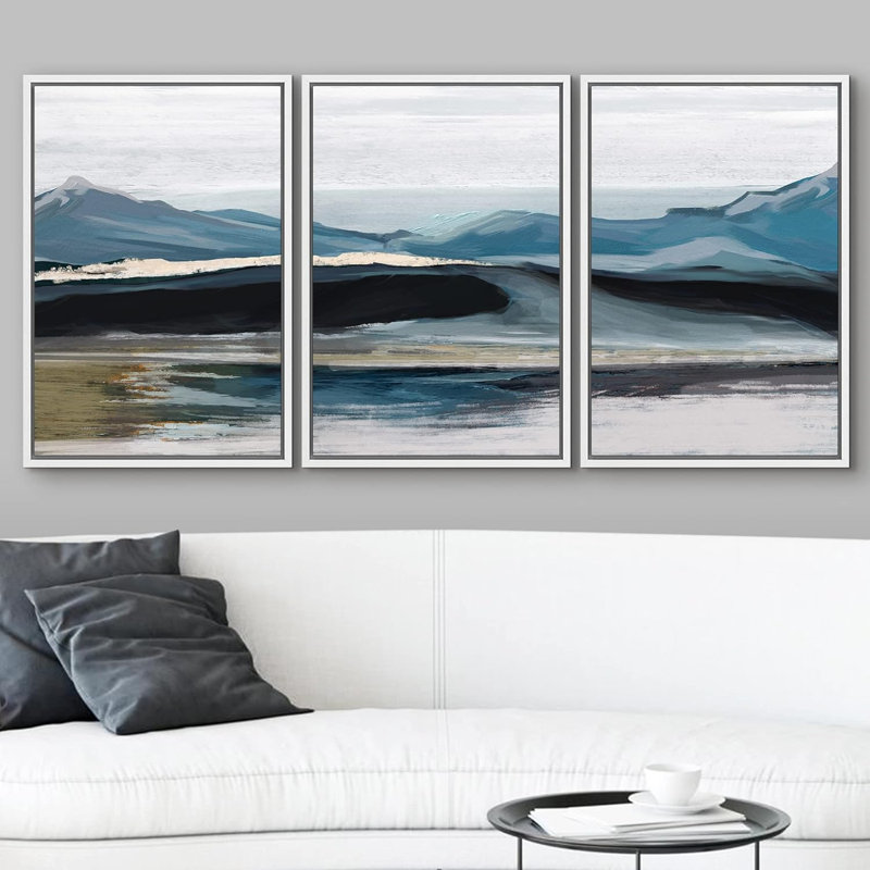 Bleu pastel aquarelle, chaîne de montagnes, art moderne, paysage, paysage zen, 3 pièces, H 24 po x l 48 po x P 1,5 po
