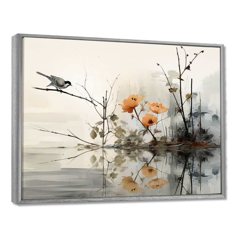 «Asian Art Sumi Bird Serenity XVIII», reproduction d'art sur toile, H 16 po x l 32 po x P 1 po, Encadrement argenté