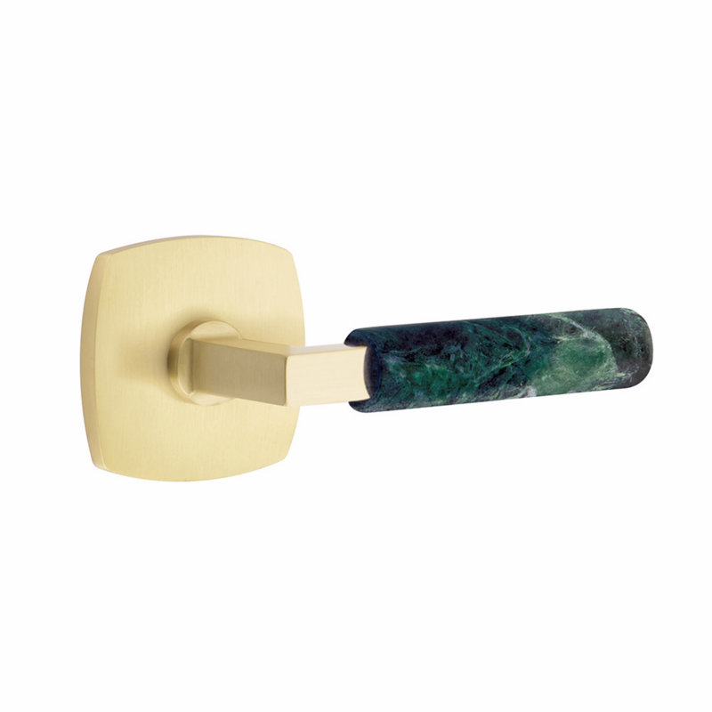 Ensemble de levier de passage Emtek Select, rosette urbaine moderne, tige carrée en L, poignée en marbre vert, l 5,875 po x L 5,875 po