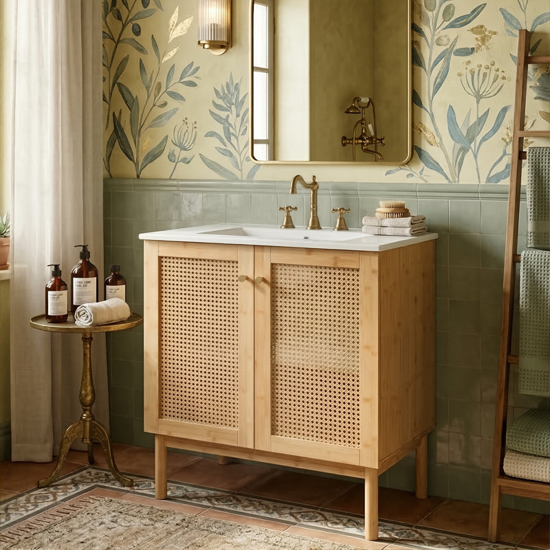 Meuble-lavabo moderne de 30 po avec lavabo, meuble de rangement en bambou naturel avec rotin fait à la main et charnières à fermeture en douceur, 3 couleurs