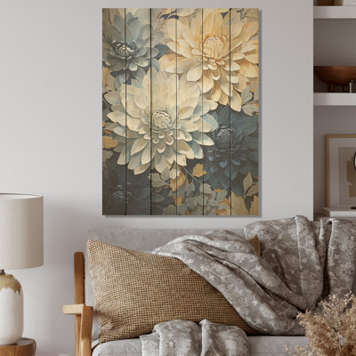 «Mums White and Blue Elegance» - Art sur bois de pin naturel