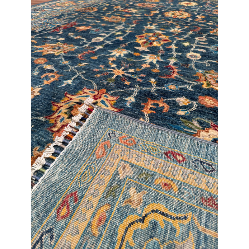 Tapis bleu original en laine et coton noué à la main
