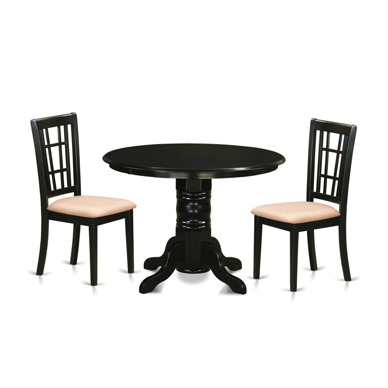3 Piece Dining Table Set for Small Spaces Contains a Round Kitchen Table with Pedestal and 2 Linen Fabric Chairs, Black