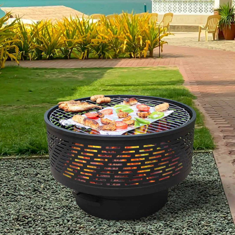 Darek Outdoor Fire Pit Table with Grill & Lid, 17" H x 26" W x 26" D, Oak/Black