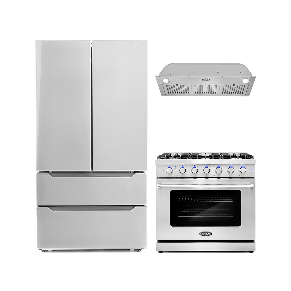 Cosmo 3 Piece Kitchen Appliance Package with French Door Refrigerator , 36'' Gas Freestanding Range , and Insert Range Hood Cosmo