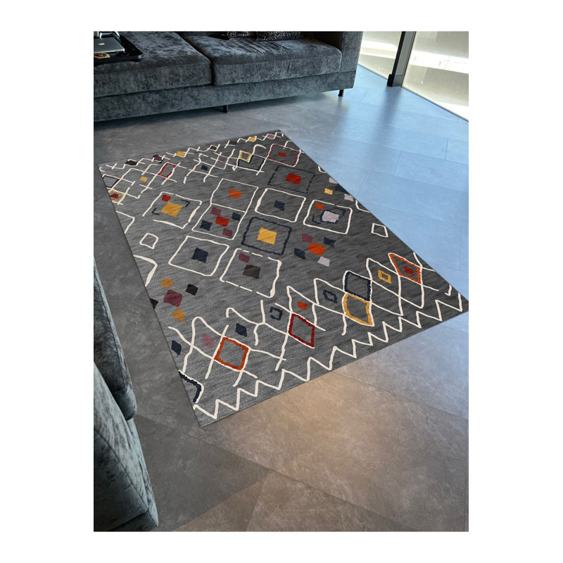 Tapis gris lavable à la machine à motif géométrique multicolore gris, Sous-tapis rectangulaire de 3 pi 3 po x 4 pi 11 po