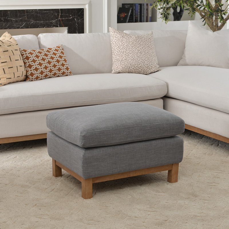 Linen Blend Goose Feather Down Upholstered Ottoman With Wood Leg, Coastal Fog Linen Blend