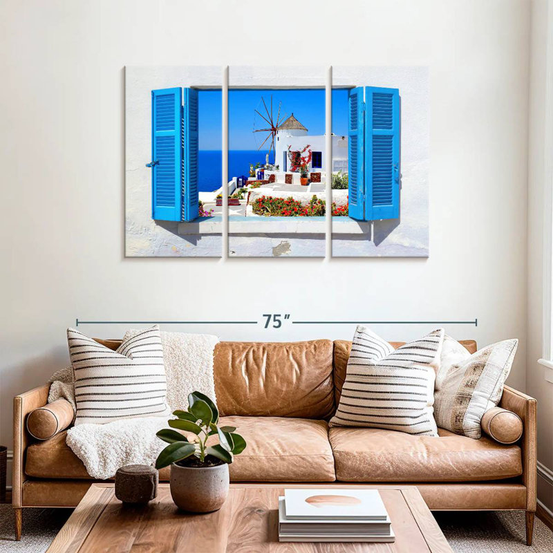 Sebbie Oia Windmill Window View, 36" H x 57" W