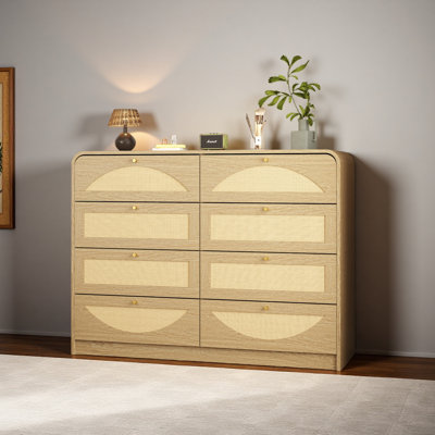 Commode 8 tiroirs avec façade en rotin, commode à panneaux de particules larges, armoire de rangement moderne en bois pour le salon de la chambre à coucher