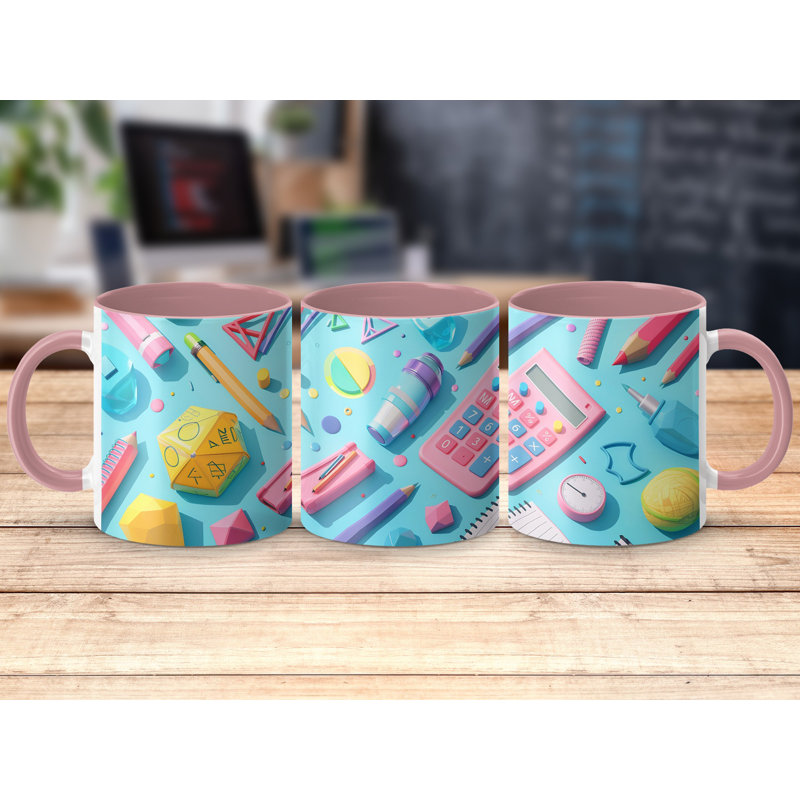 Kids Drawing Style 11oz Accent Mugs – Ceramic Coffee Cup with a Pink Handle and Interior