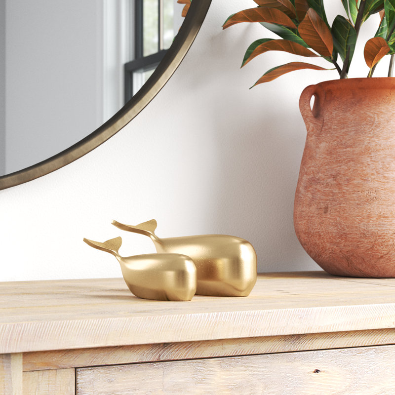 Lychee Pelagic Solid Aluminum Whale Sculptures in Gold, Set of 2, Gold