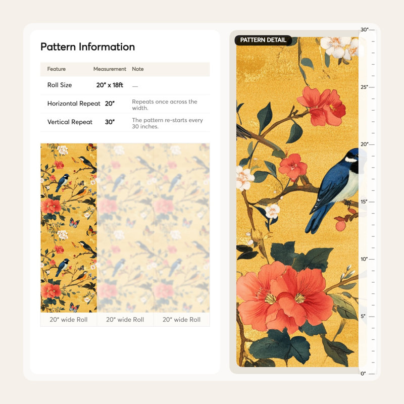 Papier peint chinois à motif d'oiseaux et de fleurs Chinoiserie