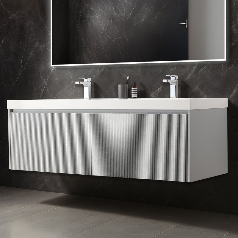Annaliya 60" Floating Double Sink Bathroom Vanity – Wall-Mounted Wood Cabinet with Acrylic Top, Soft-Close Storage & Fluted Front Design