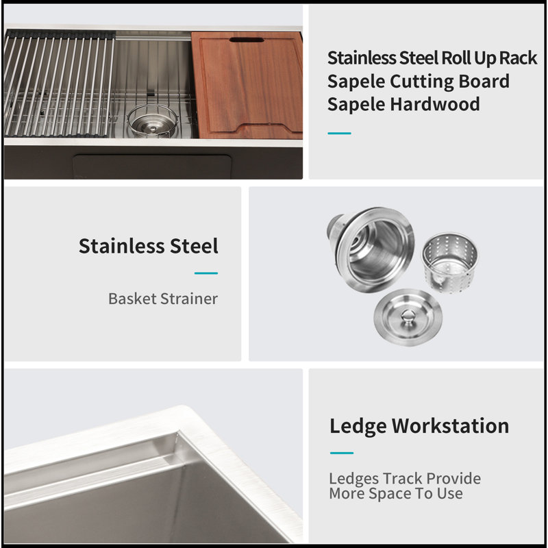 Single Bowl Undermount Workstation Kitchen Sink - 32"X19"X 10" Inch 16 Gauge Stainless Steel Deep Sink