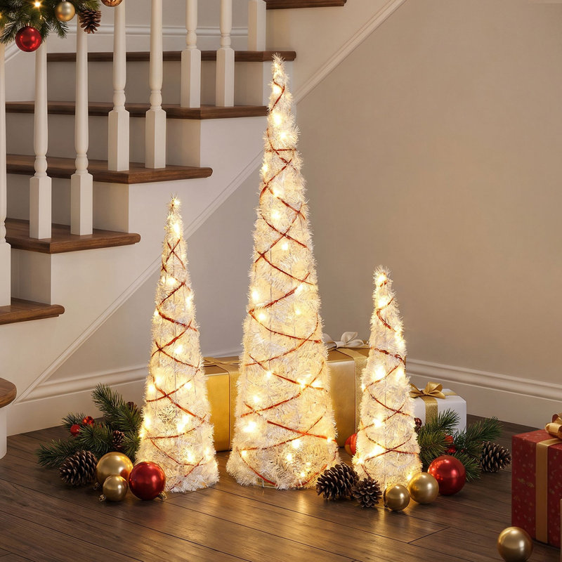 Sapins de Noël en cône argentés pré-illuminés (3 pièces) avec ruban rouge pour la décoration de Noël