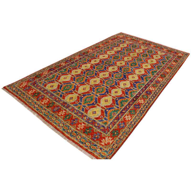 Tapis rouge / orange / vert en laine noué à la main de style sud-ouest Laudalino 5 pi 8 po x 8 pi