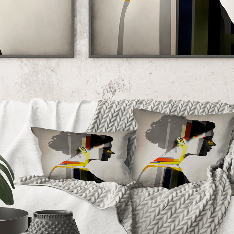 Silhouette monochrome avec coups de jaune - Coussin décoratif abstrait femme