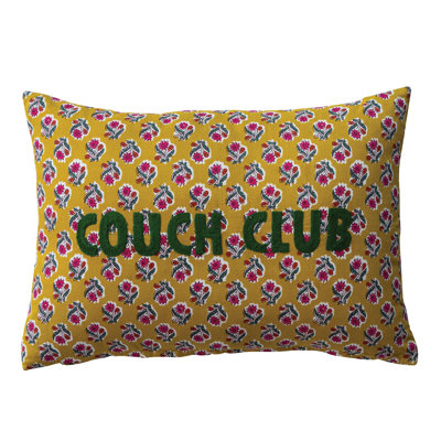 Cotton Voile Printed Lumbar Pillow With Floral Pattern And “Couch Club” Embroidery