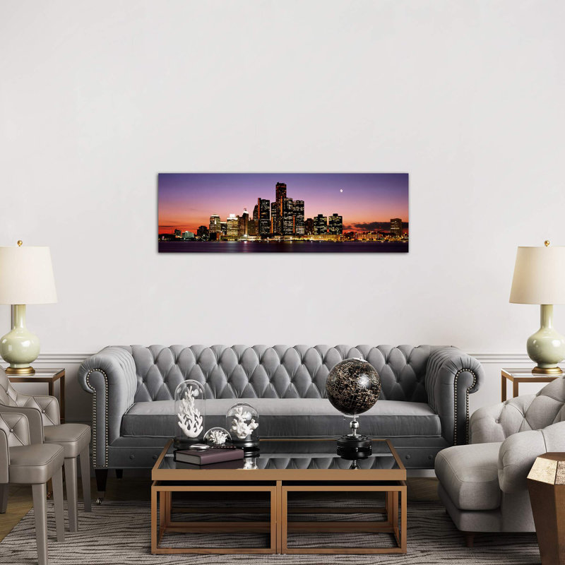 Night Skyline Detroit Mi by Panoramic Images - Wrapped Canvas Panoramic Painting, 30.48 cm H x 91.44 cm W x 1.91 cm D