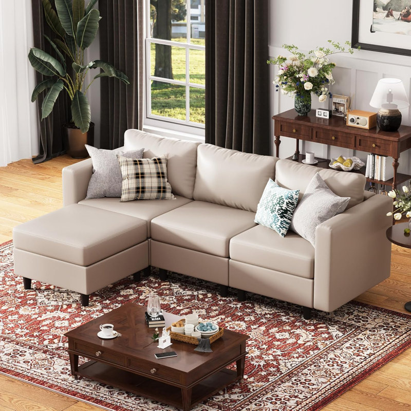 Caynemore 4-Piece 91.5'' Reversible Modern L-Shape Sectional Sofa With Storage Seat- Faux Leather-Light Gray