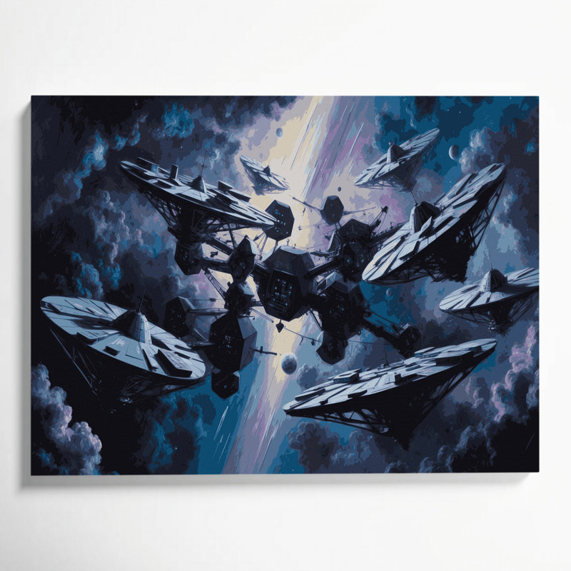 Space Space station silhouettes Gray Canvas Wall Art, 11" H x 14" W