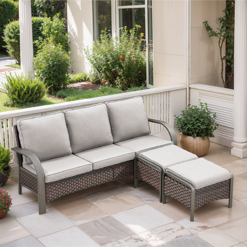 Bobra Patio Rattan Outdoor Wicker Sofa With Ottomans And Cushions, Beige
