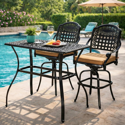  3-Piece Outdoor Swivel Bar Stools Set, All Weather Cast Aluminum High Top Patio Bistro Set With 2 Cushioned Bar Chairs & 41.98" X 23.98" Rectangular Bar Table For Deck, Garden & Poolside