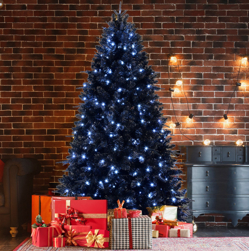 Arbre de Noël noir de 9 pi avec 750 lumières DEL blanches, arbre artificiel 3176 pointes PE + PVC pour la décoration d'Halloween et des Fêtes, structure à charnières avec support en métal stable