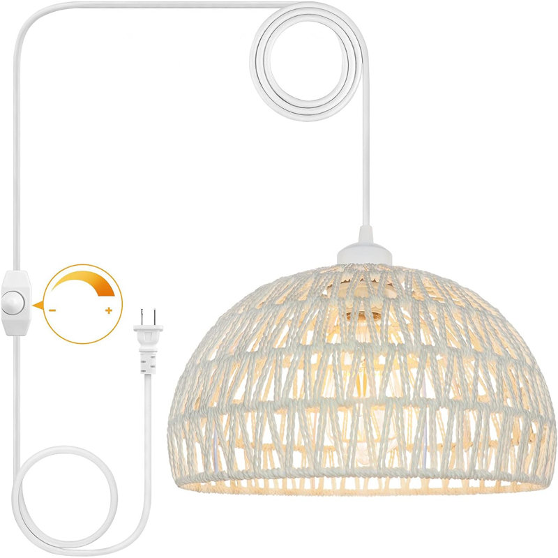 Plug in Pendant Light, 15FT Hemp Rope Cord,Hanging Light with Plug in Cord Rattan Hanging Lamp