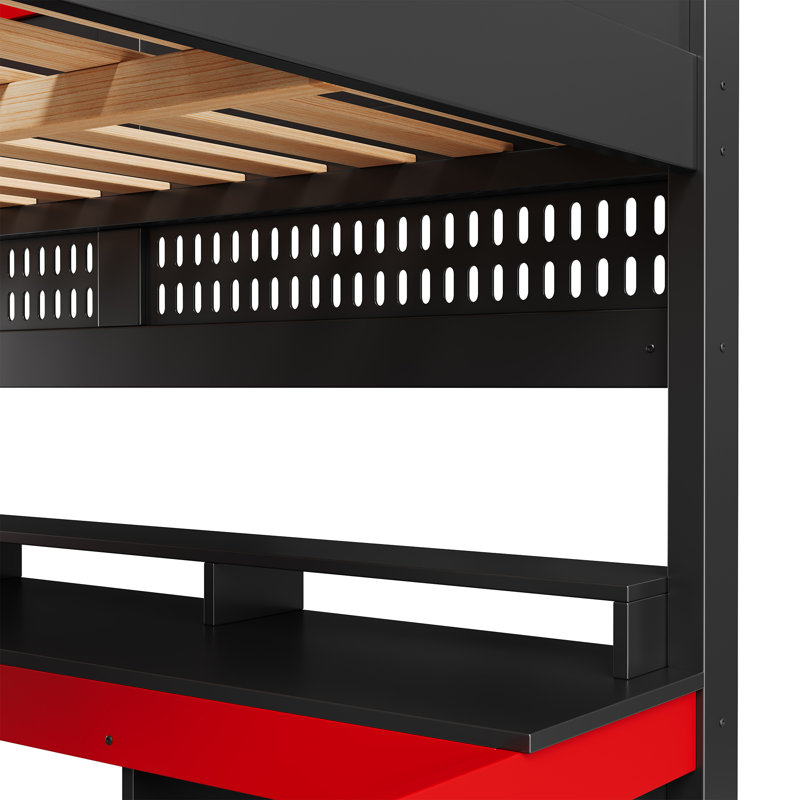 Lit mezzanine avec lumières DEL multicolores et bureau de jeu intégré, Black+Red