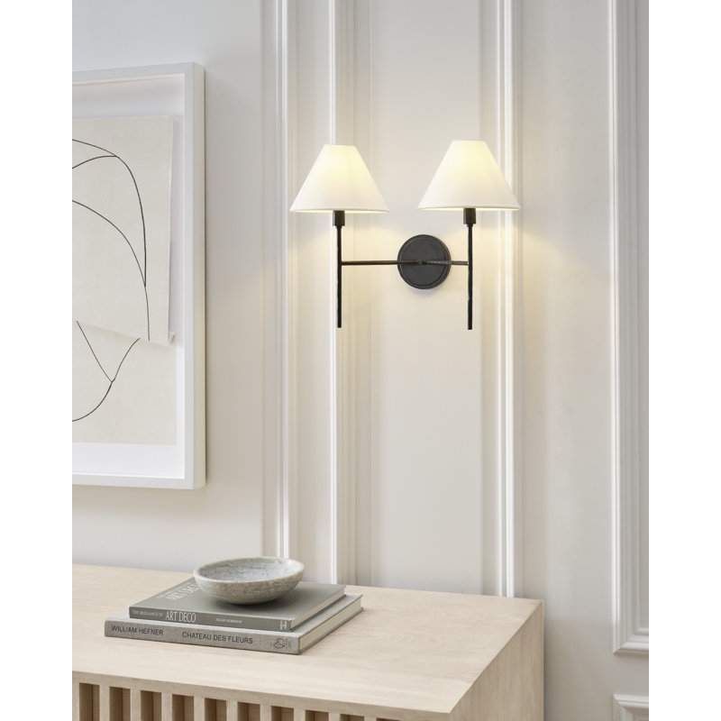 Chapman & Myers Ridgewood Bathroom Bedroom Wall Fixture With White Linen Shade, 14.25" H x 19" W x 9.375" D, Aged Iron