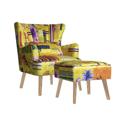 Zion Multicoloured Patchwork Accent Wingback Chair and Footstool