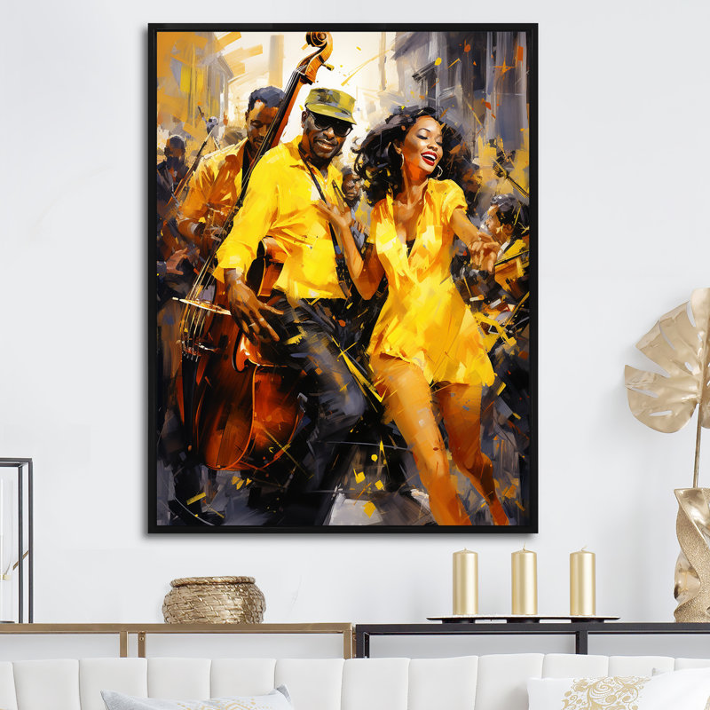 Yellow Jazz Dance Fusion - Art mural de danse, H 32 po x l 24 po x P 1 po, Cadre flottant noir