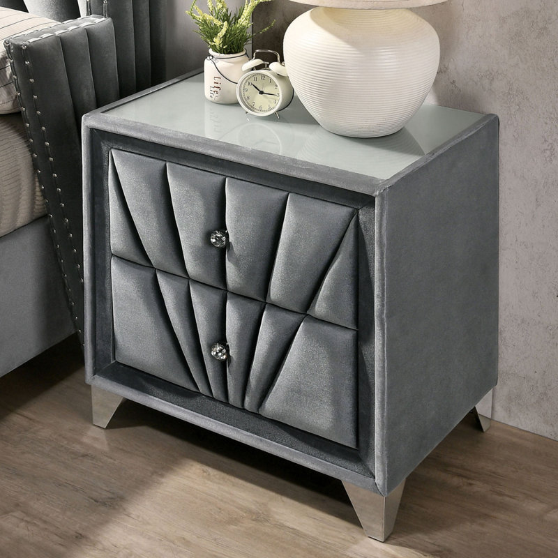 Structure entièrement rembourrée 1 pièce Table de chevet en tissu Cristal-acrylique Boutons en verre Pieds chromés, Gris